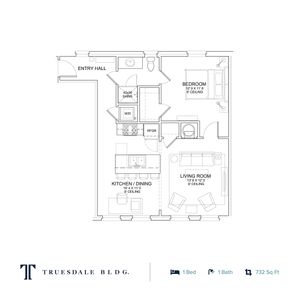 Elegant floor plan of Truesdale Building showcasing a spacious 1-bedroom, 1-bathroom unit with an open kitchen and dining area, living room, and entry hall, covering 732 sq ft.