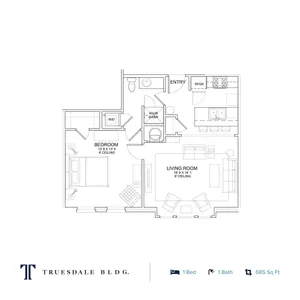 Stylish floor plan of Truesdale Building showcasing 1 bedroom, 1 bath, and an open-concept living area with a modern kitchen, spanning 685 sq ft.