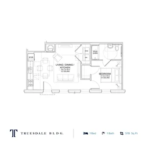 Truesdale Building floor plan featuring a modern 1 bedroom, 1 bath layout with open living, dining, and kitchen areas, spanning 578 sq ft.