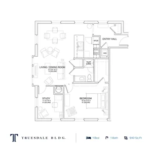 Modern floor plan of Truesdale Building featuring 1 bedroom, a study, and an open living/dining room. Located in a spacious 940 sq ft layout with stylish design.