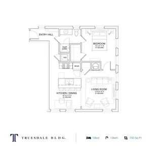 Truesdale Building cozy apartment floor plan featuring 1 bedroom, a spacious living room, and a modern kitchen/dining area, all in 730 sq ft.