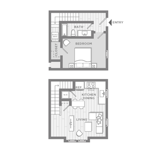 Chic 2-story floor plan featuring a spacious bedroom and bath upstairs, open-concept kitchen, dining, and living area downstairs.