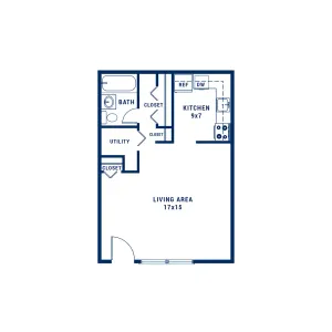 Modern floor plan layout featuring a spacious living area, efficient kitchen, full bath, utility room, and two convenient closets.