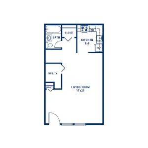 Efficient floor plan with a spacious 17x21 living room, compact 8x8 kitchen, utility space, and a convenient bath with ample closet storage.