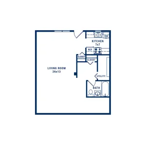 Modern floor plan featuring an expansive living room, a functional kitchen, ample closet space, and a well-appointed bath and utility area.
