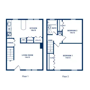 Modern two-story floor plan featuring a spacious kitchen, cozy living room, and two bedrooms with ample closet space.