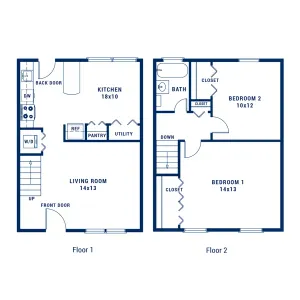 Elegant two-story floor plan featuring a spacious kitchen, cozy living room, utility area, two bedrooms, and a modern bathroom.
