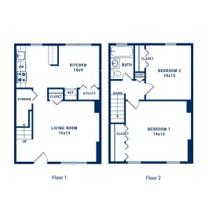 Charming two-story floor plan showcasing a spacious kitchen, inviting living room, and two cozy bedrooms with ample closet space.