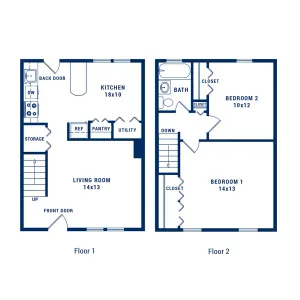 Elegant two-story floor plan featuring a spacious kitchen, cozy living room, two comfortable bedrooms, and ample storage with convenient utility space.