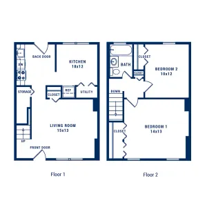 Charming 2-story floor plan with 2 spacious bedrooms, large kitchen, generous living room, and ample storage space.