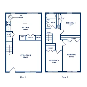 Modern two-story floor plan featuring an open-concept living room and kitchen on the first floor, with three bedrooms and a bathroom on the second floor, ideal for comfortable family living.