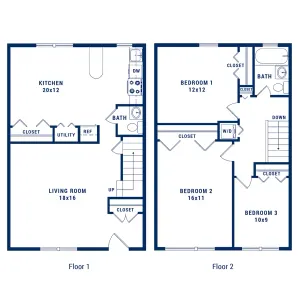 Modern two-story floor plan featuring a spacious kitchen, living room, utility space on the first floor, and three bedrooms with ample closets and a bath on the second floor.