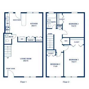 Elegant two-story floor plan showcasing three spacious bedrooms, a modern kitchen, and an inviting living room. Includes convenient pantry and utility spaces for easy living.
