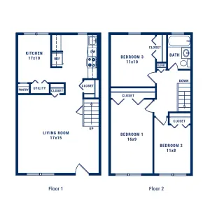 Charming two-story floor plan with spacious living room, modern kitchen, and three cozy bedrooms offering ample closet space.