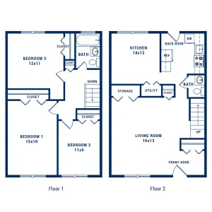 Charming 2-story floor plan showcasing 3 bedrooms, a spacious living room, and a modern kitchen, perfect for comfortable living.