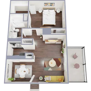 Chic 1-bedroom apartment floor plan showcasing an open-concept living area, modern kitchen, stylish bathroom, and a cozy balcony.