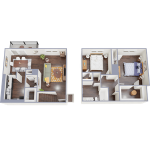 Chic 3D floor plan showcasing two-story apartment with two cozy bedrooms, elegant dining area, and inviting living room.