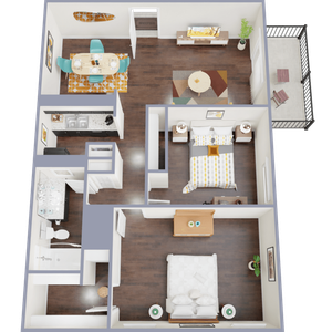 Modern 3D floor plan showcasing 2 cozy bedrooms, a stylish open-concept living and dining area, a sleek kitchen, and a private balcony. Ideal urban living space with elegant flooring and contemporary design.