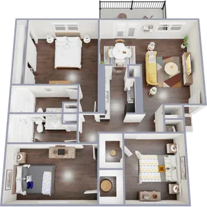 Modern 3D floor plan featuring 3 stylish bedrooms, a cozy living room, fully equipped kitchen, and elegant dining area with balcony access.