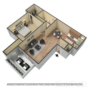 Modern 3D floor plan showcasing open-concept living area with a cozy bedroom, stylish kitchen, and elegant living room.