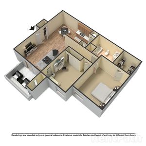 Elegant 3D floor plan featuring two cozy bedrooms, a modern kitchen, spacious living room, and a stylish balcony.