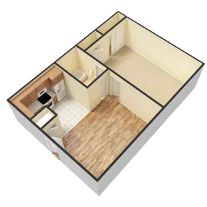 Cozy 3D floor plan featuring a spacious living area, modern kitchen, and versatile room layout.