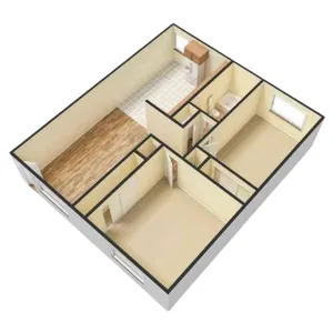 Modern 3D floor plan showcasing a spacious layout with two bedrooms, a sleek kitchen, and a cozy living area.