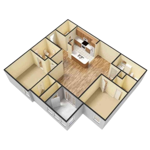 Modern 3D floor plan showcasing a spacious open-concept layout with a central kitchen, multiple bedrooms, and stylish interiors.