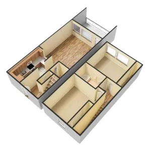 Elegant 3D floor plan showcasing a two-bedroom apartment with a modern kitchen, spacious living area, and large windows.