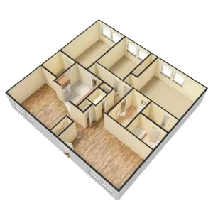 Stylish 3D floor plan showcasing a spacious layout with three bedrooms, a modern kitchen, and elegant wood flooring throughout.