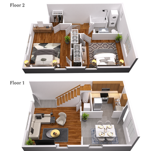 Modern two-story floor plan with a cozy living room and kitchen on the first floor, and two elegant bedrooms plus a bathroom on the second floor.