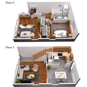 Chic two-level floor plan showcasing modern living with two bedrooms, stylish open-concept kitchen, cozy living area, and elegant dining space.