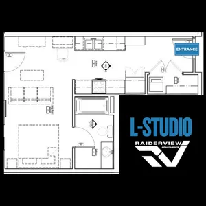 Efficient L-Studio floor plan showcasing a cozy living area, modern kitchen, and well-planned bathroom layout.