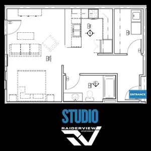 Efficient studio floor plan showcasing an open living space, compact kitchen, and modern bathroom layout.