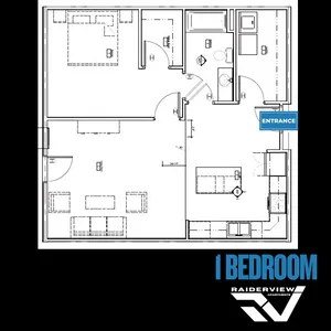 Efficient 1-bedroom apartment floor plan highlighting open living space and modern amenities.