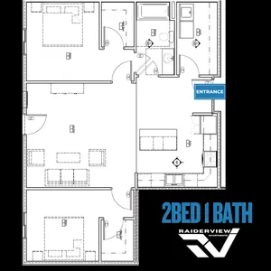 Chic floor plan of RaiderView Apartments showing 2 bedrooms, 1 bathroom, and an inviting open-concept living space.