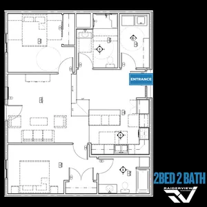 Modern 2D floor plan showcasing 2 bedrooms and 2 bathrooms with an open living area at Raider View Apartments.