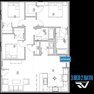 Detailed 3-bedroom, 2-bathroom floor plan with open-concept living and dining area.
