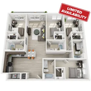 Chic 3D floor plan showcasing 3 bedrooms, a modern kitchen with breakfast bar, spacious living area, and two bathrooms. Limited availability for this stylish apartment layout.