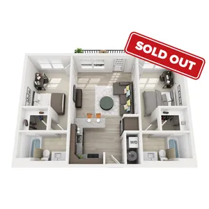 Modern 3D floor plan with 2 elegant bedrooms, open living room, stylish kitchen, and dual bathrooms, featuring chic decor and natural light.
