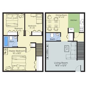 Modern two-story floor plan featuring three bedrooms, an expansive living room, stylish kitchen, and inviting dining room. Perfect for family living.