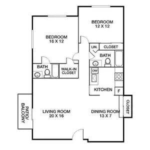 Inviting floor plan featuring 2 spacious bedrooms, an open living area, and a cozy kitchen, complete with a patio balcony.