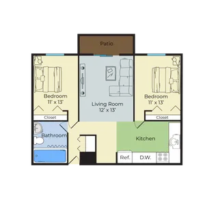 Charming floor plan featuring two spacious bedrooms, a cozy living room, modern kitchen, and private patio.