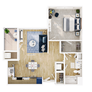 Modern 2D floor plan showcasing a spacious 1-bedroom apartment with an open-concept living and dining area, sleek kitchen, and a cozy balcony.