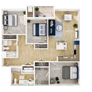 Elegant 3D floor plan showcasing three spacious bedrooms, modern open-concept living area, gourmet kitchen, and two bathrooms.
