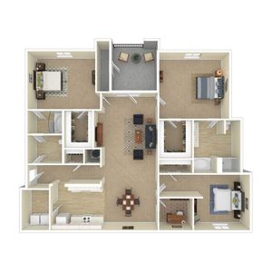 Modern 3D floor plan showcasing a luxurious layout with three spacious bedrooms, an inviting living room, and a functional kitchen, complete with a cozy balcony.