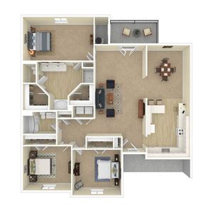 Charming floor plan showcasing 3 spacious bedrooms, an open-concept kitchen and dining area, cozy living room, and a private balcony.