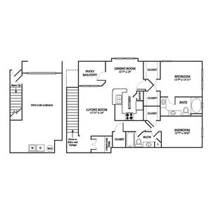 E2 Upgraded Floor Plan | 2 Bedroom with 2 Bath | 1323 Square Feet | The Raveneaux | Apartment Homes