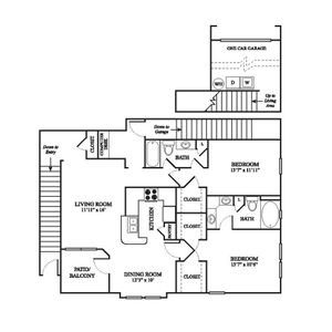E3 Renovated Floor Plan | 2 Bedroom with 2 Bath | 1355 Square Feet | The Raveneaux | Apartment Homes