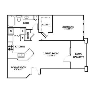 A Floor Plan | 1 Bedroom with 1 Bath | 801 Square Feet | The Raveneaux | Apartment Homes